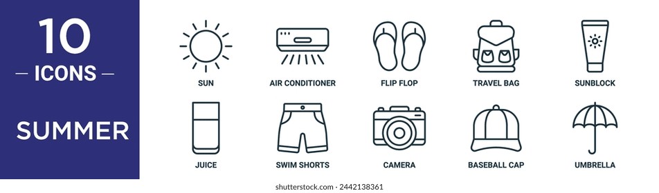 summer outline icon set includes thin line sun, air conditioner, flip flop, travel bag, sunblock, juice, swim shorts icons for report, presentation, diagram, web design