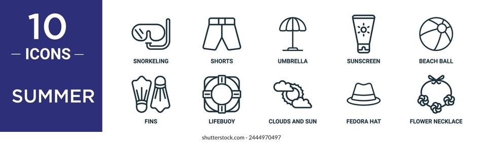 summer outline icon set includes thin line snorkeling, shorts, umbrella, sunscreen, beach ball, fins, lifebuoy icons for report, presentation, diagram, web design