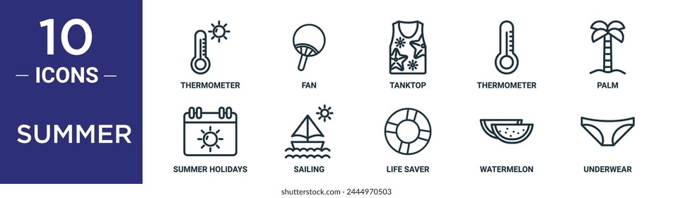 summer outline icon set includes thin line thermometer, fan, tanktop, thermometer, palm, summer holidays, sailing icons for report, presentation, diagram, web design