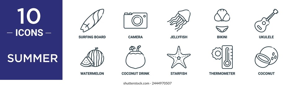 summer outline icon set includes thin line surfing board, camera, jellyfish, bikini, ukulele, watermelon, coconut drink icons for report, presentation, diagram, web design