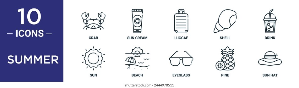 summer outline icon set includes thin line crab, sun cream, luggae, shell, drink, sun, beach icons for report, presentation, diagram, web design