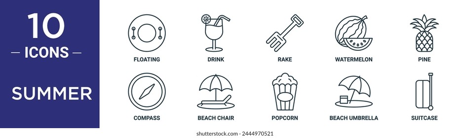 summer outline icon set includes thin line floating, drink, rake, watermelon, pine, compass, beach chair icons for report, presentation, diagram, web design