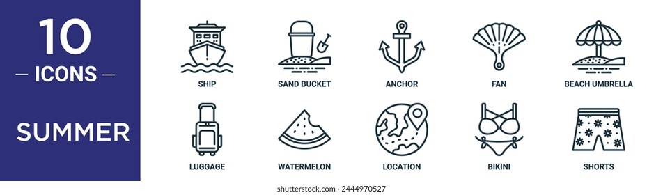 summer outline icon set includes thin line ship, sand bucket, anchor, fan, beach umbrella, luggage, watermelon icons for report, presentation, diagram, web design