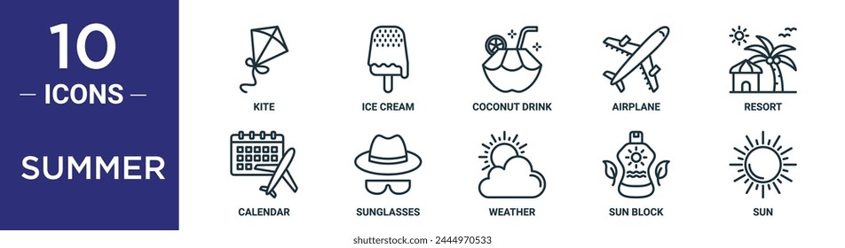 summer outline icon set includes thin line kite, ice cream, coconut drink, airplane, resort, calendar, sunglasses icons for report, presentation, diagram, web design