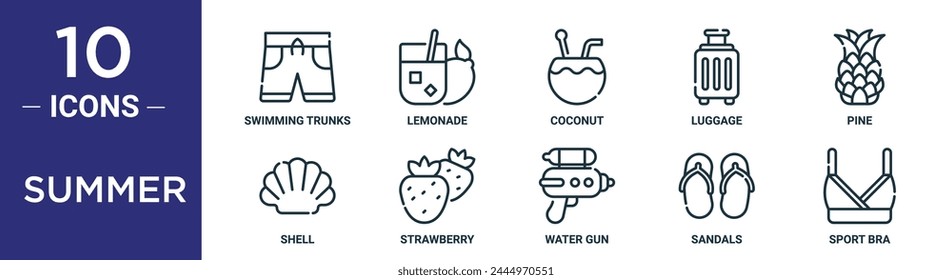 summer outline icon set includes thin line swimming trunks, lemonade, coconut, luggage, pine, shell, strawberry icons for report, presentation, diagram, web design
