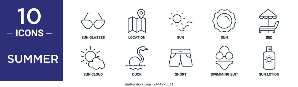 Summer Outline Icon Set enthält dünne Linie Sonnenbrille, Ort, Sonne, Sonne, Bett, Wolke, Ente Icons für Bericht, Präsentation, Diagramm, Webdesign