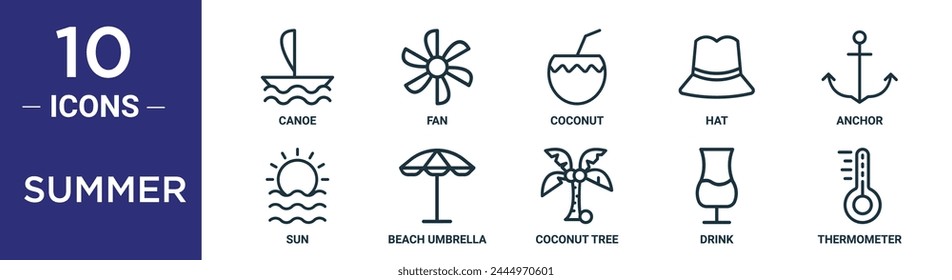 summer outline icon set includes thin line canoe, fan, coconut, hat, anchor, sun, beach umbrella icons for report, presentation, diagram, web design