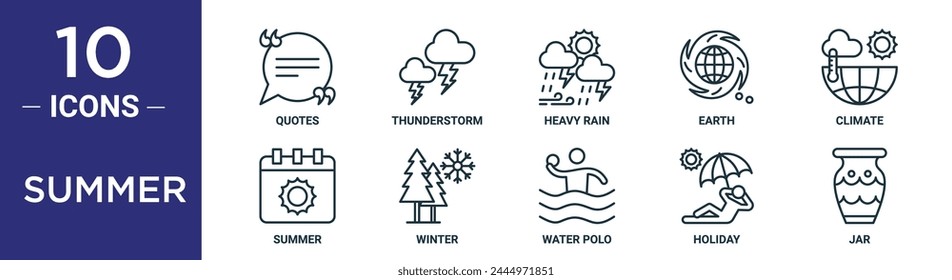 summer outline icon set includes thin line quotes, thunderstorm, heavy rain, earth, climate, summer, winter icons for report, presentation, diagram, web design