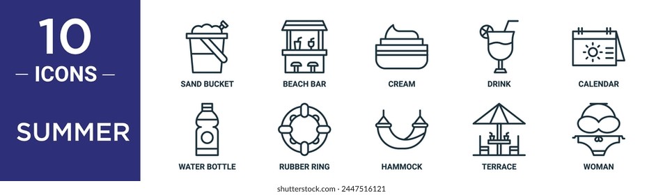 summer outline icon set includes thin line sand bucket, beach bar, cream, drink, calendar, water bottle, rubber ring icons for report, presentation, diagram, web design