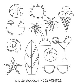 Summer Outline Icons Featuring Beach, Palm Trees, and Tropical Symbols