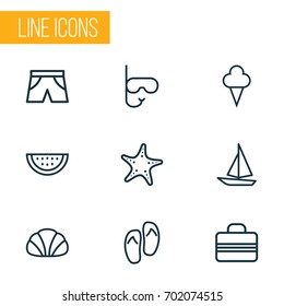 Summer Outline Icons Set. Collection Of Ice Cream, Conch, Sea Star And Other Elements. Also Includes Symbols Such As Suitcase, Briefs, Shell.