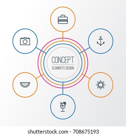 Summer Outline Icons Set. Collection Of Handbag, Photo , Cocktail Elements. Also Includes Symbols Such As Photo, Bag, Sun.