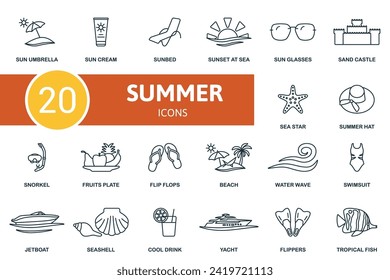 Summer outline icons set. Creative icons: sun umbrella, sun cream, sunbed, sunset at sea, sun glasses, sand castle, sea star, summer hat, snorkel and more