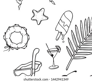 Summer outline sample motive symbol drawing decoration. Sweet season sample vector illustration. Cute objects cropped for poster, card or flyer set. Summer hit background original drawing. Beach stuff