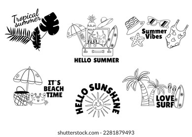 Summer outline set of doodle badge label design with lettering