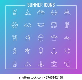 summer outline vector icons on color gradient background. summer icon set for web design and user interface design, mobile apps and print products