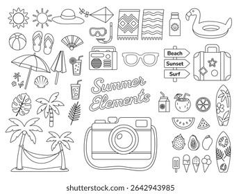 O verão contorna ícones vetoriais que apresentam palmeiras, pranchas de surf, frutas e bebidas no estilo moderno de arte de linha. Ótimo para viagens ou design com tema de praia.