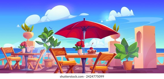 Summer outside cafe on terrace on sea or ocean beach. Cartoon seaside restaurant on patio with roses in vase and cake on table, chairs with plaid, umbrella and plants. Cafeteria on shore balcony.