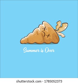 Summer is over or hello autumn concept illustration with spoiled yellow dead carrot character on blue background. Vector goodbye summer funky poster with spoiled vegetable