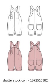 Summer overall for kids with in-seam and patch pockets and adjustable straps, knee length, in white and pink colors, flat sketch, front and back views