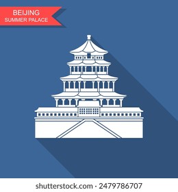 Summer Palace in Beijing China. Flat cartoon style historic sight showplace attraction web site vector illustration. World countries cities vacation travel sightseeing Asia Asian Chinese collection.