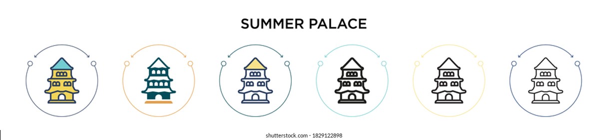 Summer palace icon in filled, thin line, outline and stroke style. Vector illustration of two colored and black summer palace vector icons designs can be used for mobile, ui, web