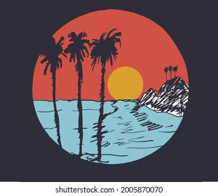 Summer palm beach t shirt design. Sunrise retro surfing hand sketch artwork. 