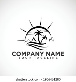 Summer palm beach Vector sunset Logo design. palm beach logo. Glasshouse mountains. Palm tree ocean wave beach tropic logo vector design.