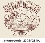 Summer palm beach. Beach vibes artwork for t shirt, poster, sticker. Summer good vibes. Paradise t shirt graphics design, typography slogan on palm trees background. Beach hand sketch drawing.  