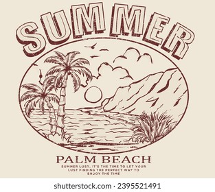 Sommerpalmenstrand. Strand vibes Kunstwerk für T-Shirt, Poster, Aufkleber. Sommer gute Stimmung. Paradise t Shirt Grafik Design, Typografie Slogan auf Palmen Hintergrund. Skizze für die Strandhunde.  