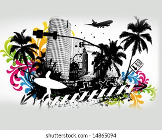 Summer Palm City Vector Illustration