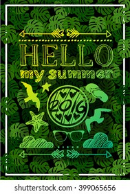Summer palm leaves background. creative graphic poster for your design. summer emblems. Vector summer icons