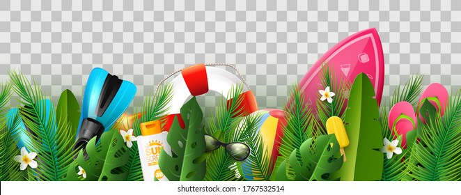 Summer palm leaves and beach elements on transparent background. Seamless pattern.