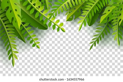 Summer palm leaves on transparent background. Paper cut design style.