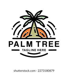 Summer Palm Tree In The Beach Monoline Logo Vector Vintage Emblem Design badge illustration Symbol Icon