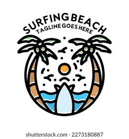 Summer Palm Tree In The Beach Monoline Logo Vector Vintage Emblem Design badge illustration Symbol Icon
