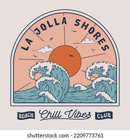 Ilustración de las olas de la playa de Palm Tree de verano, para estampados de camisetas, afiches. Summer Beach Vector ilustra la playa de la jolla.