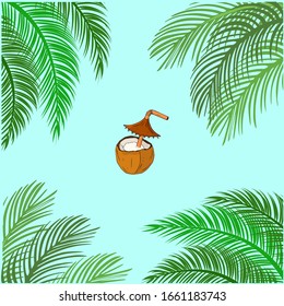 Summer. Palm tree leaves, coconut with a straw on a blue background. The concept of vacation, travel, weekend. Template for poster, banner, greeting card. Vector cartoon, flat style