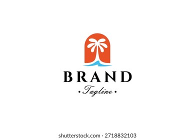 logotipo da palmeira de verão com ondas azuis no estilo de design de vetor plano