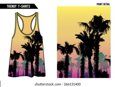 Summer palm tree print with vest top shape in vector.