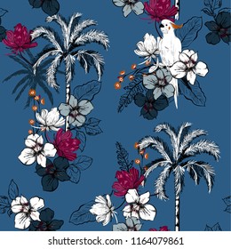 Las palmeras de verano en el bosque azul florecen con flores exóticas y el fondo de las aves de macao. Patrón veloz. Ilustración tropical. Follaje de jungla.