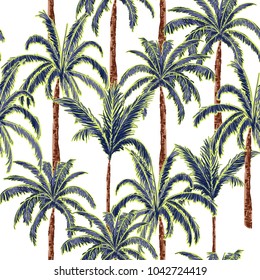 A summer palm trees on the white  forest  background. Vector seamless pattern. Tropical illustration. Jungle foliage.