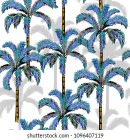 A summer palm trees on the white  forest  background. Vector seamless pattern. Tropical illustration. Jungle foliage.