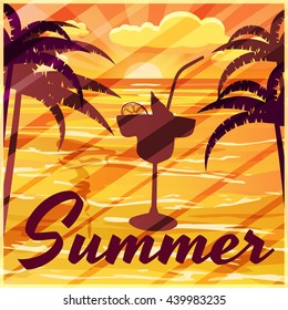 Summer, palm trees, sea, evening, cocktail, banner, vector illustration