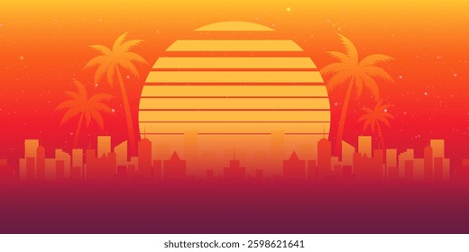 Summer palm trees sun city view sky stars retro color