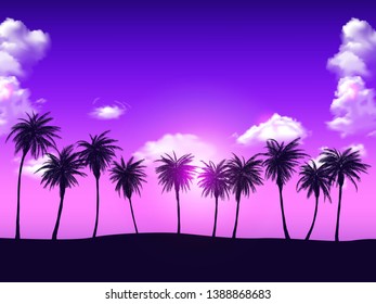 Summer Palm Trees in Sunset Background. Summer vibes. Vector İllustration. EPS 10.