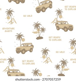 Patrón tropical de la palma del verano con diseño gráfico del coche y de la impresión del eslogan. Dibujo a mano de la costa oeste. Diseño vintage de verano. Disfrute del diseño del Vector del tiempo de verano, fondo en blanco.