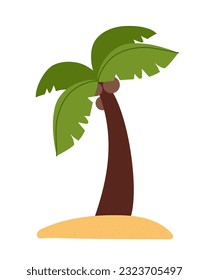 Summer palm vector concept. Tropical and exotic tree with coconuts. Plant on sand or coastline. Template, layout and mock up. Cartoon flat illustration isolated on white background