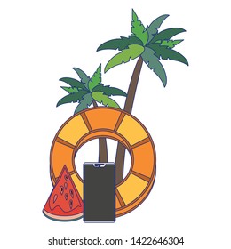 Summer palms trees float smartphone and watermelon cartoons vector illustration graphic design