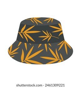Summer Panama hat gray with orange leaves. Sun protection, beach accessory. Isolated vector illustration for your design